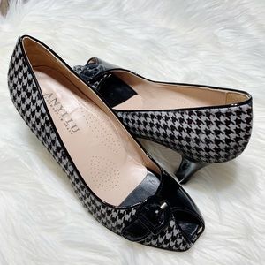 Anyi Lu Houndstooth, Patent Leather Peep Toe Heels